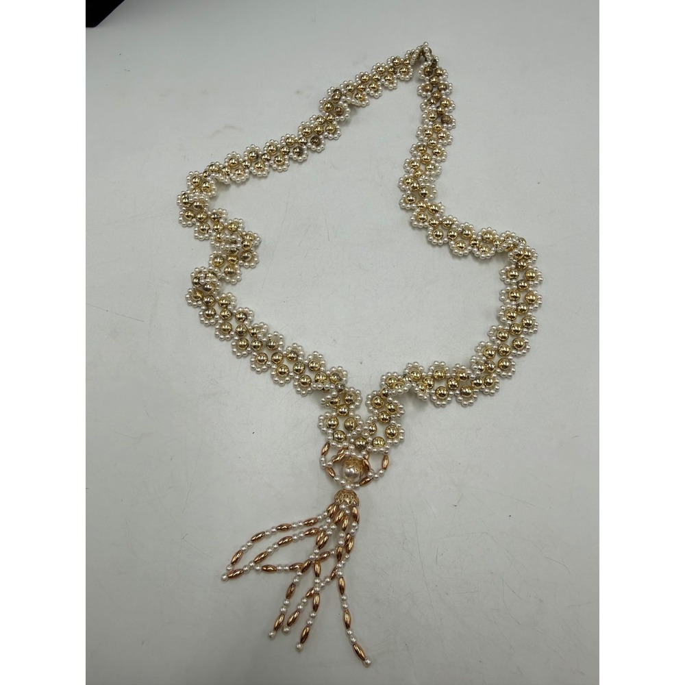 Vintage‎ Faux Pearl Gold Tone Beaded Tassel Statement Necklace Floral Woven 18in
